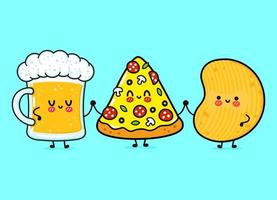 verre heureux mignon et drôle de bière, de pizza et de frites. personnages de kawaii de dessin animé dessinés à la main de vecteur, icône d'illustration. verre de dessin animé drôle de concept d'amis mascotte bière, pizza et frites