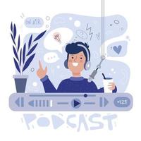 illustration de concept de podcast. webinaire, podcast tutoriel, diffusion en direct. jeune homme souriant dans un casque avec microphone enregistrant la diffusion audio. style plat de dessin animé de vecteur isolé sur blanc.