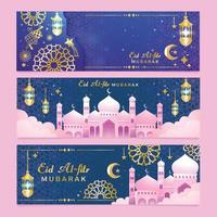 bannière eid mubarak bleue et rose vecteur