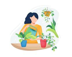 jeune femme prenant soin des plantes vecteur