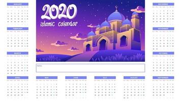 Calendrier islamique 2020 avec la mosquée d&#39;or la nuit