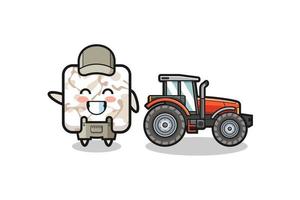 la mascotte du fermier en carreaux de céramique debout à côté d'un tracteur vecteur