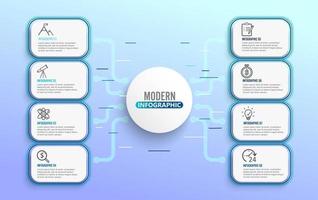 Modèle d&#39;infographie néon avec cercles d&#39;étiquettes en papier 3D et 8 options vecteur