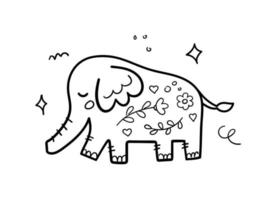 éléphant mignon dessiné à la main. animal de dessin animé dans le style de croquis de doodle. illustration linéaire vectorielle. vecteur
