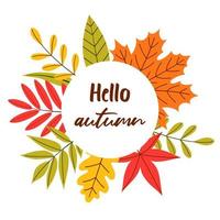bannière ronde avec des feuilles d'automne. l'inscription bonjour l'automne. illustration vectorielle plate vecteur