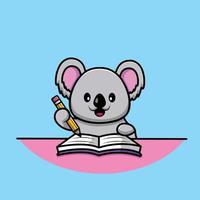 koala mignon écrivant sur un livre avec illustration d'icône de vecteur de dessin animé au crayon. concept d'icône d'éducation animale isolé vecteur premium. style de dessin animé plat