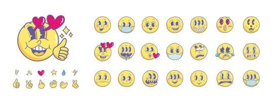 emoji vintage des années 30 40 50 dessins animés et expressions faciales comiques. yeux et bouche expressifs, sourire, pleurs et expressions de visage de personnage surpris ensemble de vecteurs vecteur premium