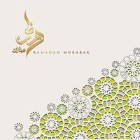 design luxueux et élégant ramadan kareem avec calligraphie arabe et détails colorés ornementaux islamiques de mosaïque pour salutation islamique. illustration vectorielle. vecteur