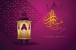 design luxueux et élégant ramadan kareem avec calligraphie arabe, lanterne traditionnelle et détail coloré ornemental islamique de mosaïque pour salutation islamique. illustration vectorielle. vecteur