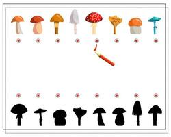 un jeu de logique pour les enfants, trouvez la bonne ombre pour les champignons. vecteur