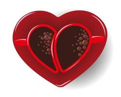 illustration, café pour les amoureux, tasses à café rouges en forme de coeur sur une soucoupe-coeur rouge. conception réaliste, clipart, vecteur