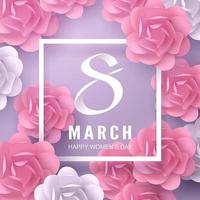 Art de papier aux tons violet et rose du 8 mars calligraphie et fleur de la journée de la femme vecteur