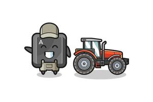 le bouton du clavier mascotte d'agriculteur debout à côté d'un tracteur vecteur
