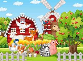 scène de ferme avec des animaux près de la grange vecteur