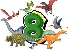 huit dinosaures avec dessin animé numéro huit vecteur