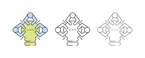 icônes vectorielles liées au travail d'équipe. épaisseur différente et icône d'ampoule colorée. style table bulbe, les gens se réunissent autour de la table pour de nouvelles idées. création de site internet et de logo. jeu d'icônes d'art de ligne moderne. vecteur