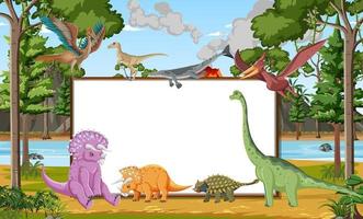 scène avec des dinosaures et un tableau blanc dans la forêt