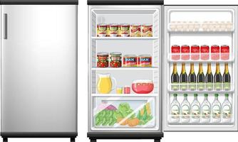 réfrigérateur fermé et porte ouverte avec beaucoup de nourriture vecteur