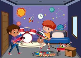 chambre à coucher dans le thème galxy de l'espace avec personnage de dessin animé pour enfants vecteur