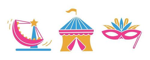 camp de tentes de festival, scène de festival et jeu d'icônes de gondole de parc d'attractions. jeu d'icônes de festival et d'événement. jeu d'icônes colorées. vecteur
