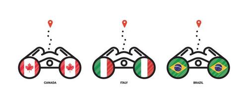 icônes de localisation des drapeaux de pays. visualisation des emplacements de pays avec des jumelles, des icônes de localisation pour les voyages. drapeaux du canada, de l'italie, du brésil. trait modifiable. vecteur
