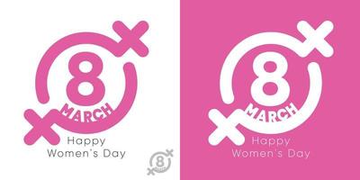 8 mars création du logo de la journée de la femme heureuse. icône de la femme. Création du logo de la journée internationale de la femme du 8 mars sur fond blanc et rose. le chiffre 8 à l'intérieur de l'icône. conception claire du logo-étiquette.