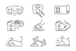 jeu d'icônes liées à la forme physique. ensemble linéaire. icône du sport avec baskets, poids, corps et plus encore. signe de course. logo modifiable. vecteur