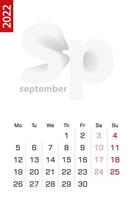 modèle de calendrier minimaliste pour septembre 2022, calendrier vectoriel en anglais.