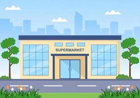 bâtiment de supermarché avec étagères, articles d'épicerie et panier complet, vente au détail, produits et consommateurs en illustration de fond de dessin animé plat vecteur