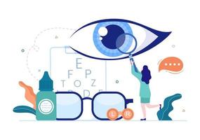 ophtalmologie des contrôles de la vue du patient, test des yeux optiques, technologie des lunettes et choix de lunettes avec lentille de correction en illustration de dessin animé plat vecteur