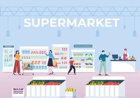 supermarché avec étagères, articles d'épicerie et panier complet, vente au détail, produits et consommateurs en illustration de fond de dessin animé plat vecteur