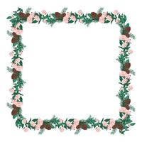 cadre carré de fleurs de pivoine rose avec aiguilles et cônes d'épinette. composition de floraison printanière ou couronne de feuilles. décoration festive pour mariage, vacances et carte postale. illustration vectorielle vecteur