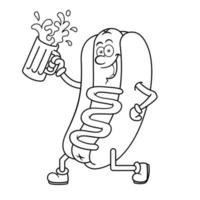 personnage de dessin animé de hot-dog tenant le contour de la bière vecteur