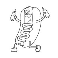 personnage de dessin animé de hot-dog tenant le contour des bouteilles de sauce vecteur