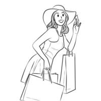 belle jeune fille shopping contour vector illustration de dessin animé