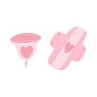période menstruelle, utilisez une tasse et des serviettes hygiéniques réutilisables dans un style plat de dessin animé. illustration vectorielle d'un dispositif d'hygiène zéro déchet pour la période de menstruation féminine sur fond blanc. vecteur