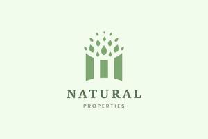 logo de maison de propriété avec trois bâtiments et feuilles vecteur