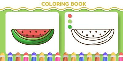 livre de coloriage de doodle de dessin animé dessiné à la main de pastèque colorée et noire et blanche pour les enfants vecteur