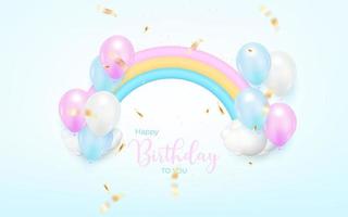 conception de fond joyeux anniversaire pour carte de voeux. bannière d'anniversaire avec ballon réaliste, arc-en-ciel, confettis. vecteur