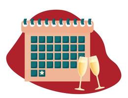 calendrier avec une date importante de célébration, nouvel an, anniversaire, événement. illustration mignonne simple de vecteur. ensemble festif de verres à vin mousseux sur fond bordeaux. vecteur