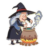 personnage de dessin animé de la vieille sorcière faisant bouillir du poison.