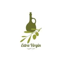 une image de logo d'une bouteille d'huile d'olive avec une branche d'olive devant elle dans un style rétro