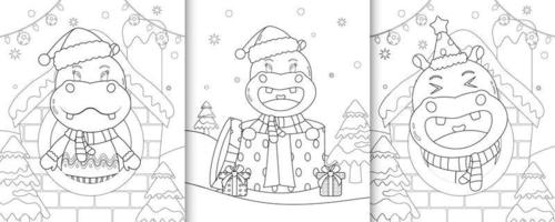 Livre de coloriage avec de jolis personnages de Noël hippopotames vecteur