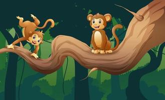 dessin animé de singes heureux jouant sur la branche d'arbre vecteur