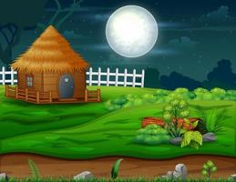 paysage de nuit avec une petite cabane au milieu de la nature