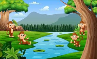 dessin animé quatre singes mignons jouant au bord de la rivière