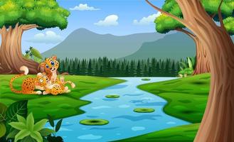 dessin animé guépard avec son petit jouant au bord de la rivière vecteur