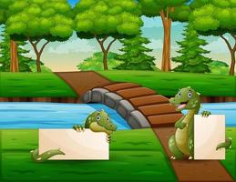 illustration de dessin animé de deux crocodiles tenant une pancarte blanche au bord de la rivière vecteur