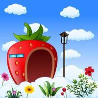 illustration de dessin animé de maison aux fraises sur les nuages vecteur