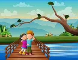 couple romantique marchant sur un pont en bois vecteur